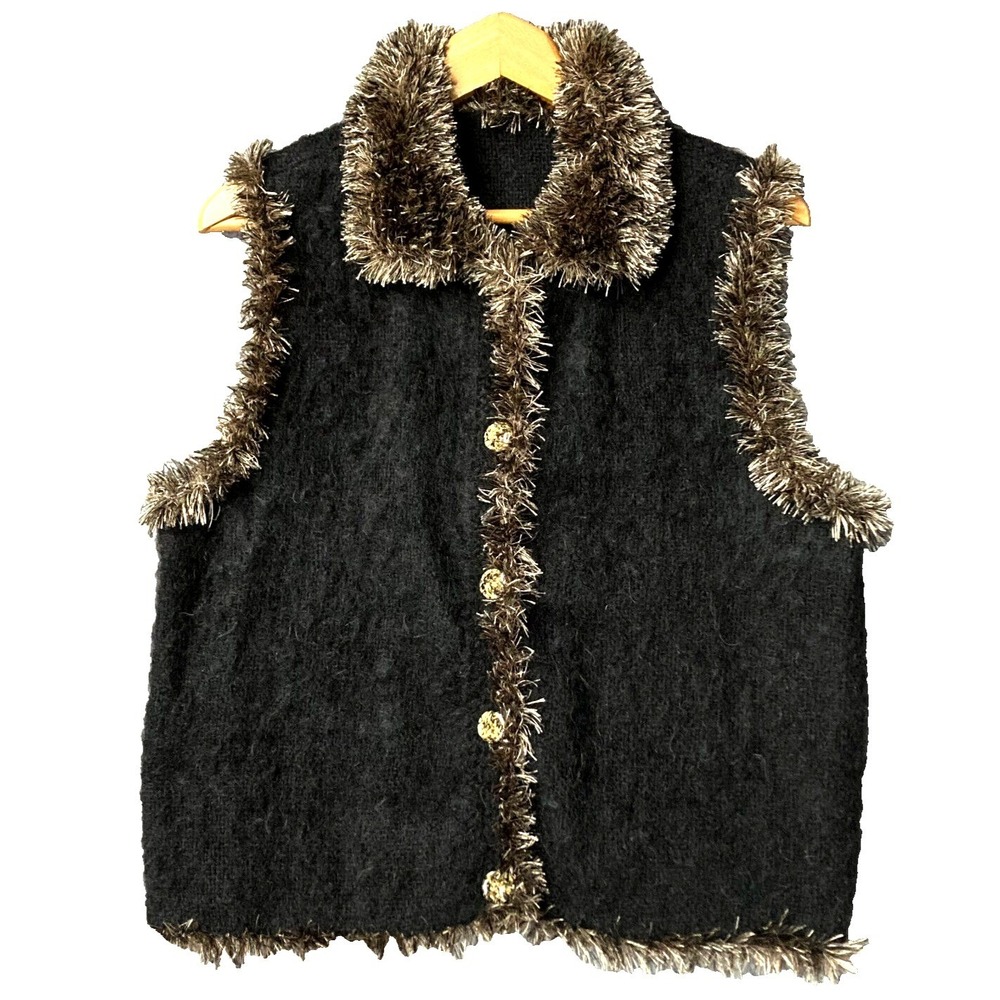 VTG Handmade Wool Mohair Sweater Vest M L Shaggy Fur Collar Trim Artisan Signed